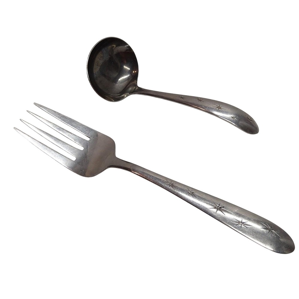 Vtg 2 pc MCM Stainless Steel Serving Fork & Soup Spoon Atomic Starburst Design